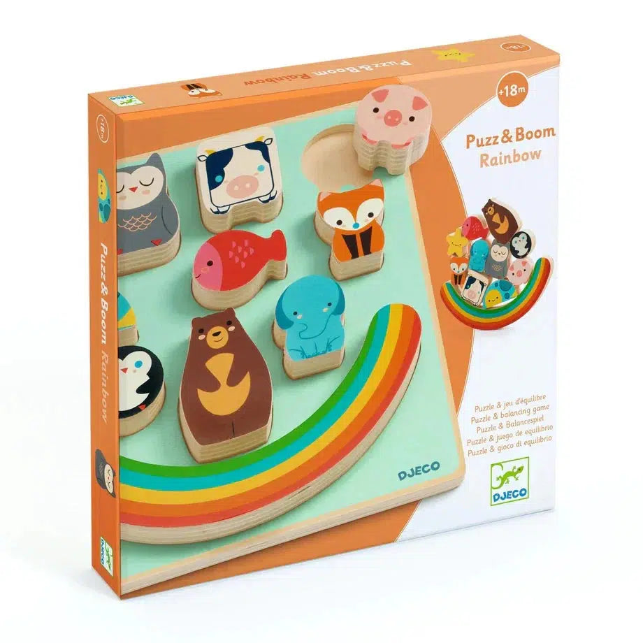 Box of "Djeco Puzz and Boom Rainbow" by Djeco, featuring a charming wooden puzzle and animal figures with a delightful rainbow, designed as a fun balancing game for children aged 18 months and up.