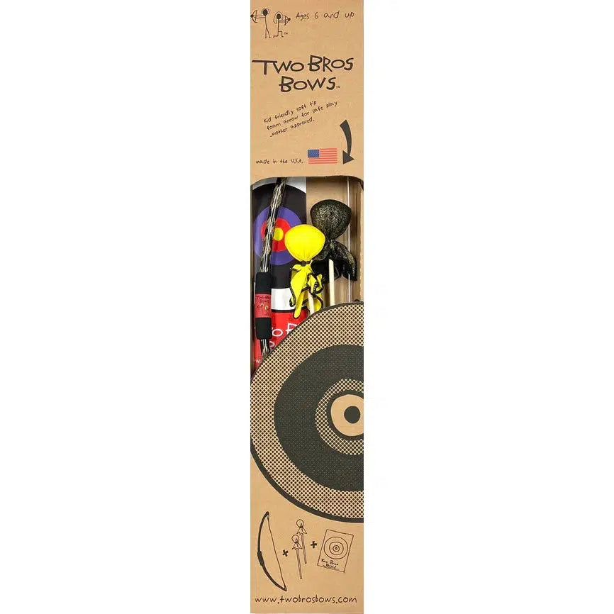 cardboard box with "childish" writing for the name and the picture of a target. The bow, two arrows, and a target can be seen through an opening in the middle