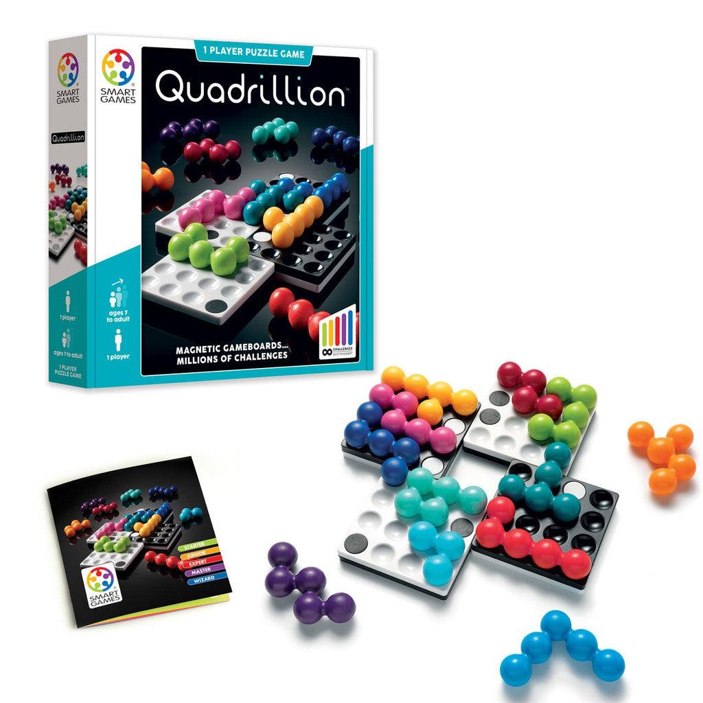 Discover the Quadrillion puzzle game, a captivating solitaire experience featuring colorful interlocking puzzle pieces. Engage with the magnetic grids on the gameboard, guided by a detailed instruction booklet. Box and scattered components included for endless fun.