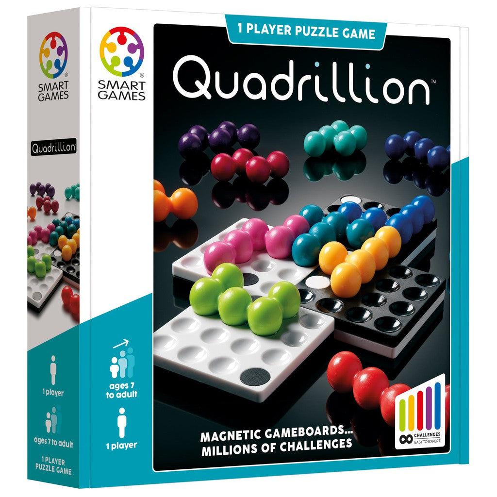 Box of "Quadrillion" puzzle game showcasing colorful magnetic pieces and grids on the cover. This engaging solitaire game is suitable for ages 7 to adult.