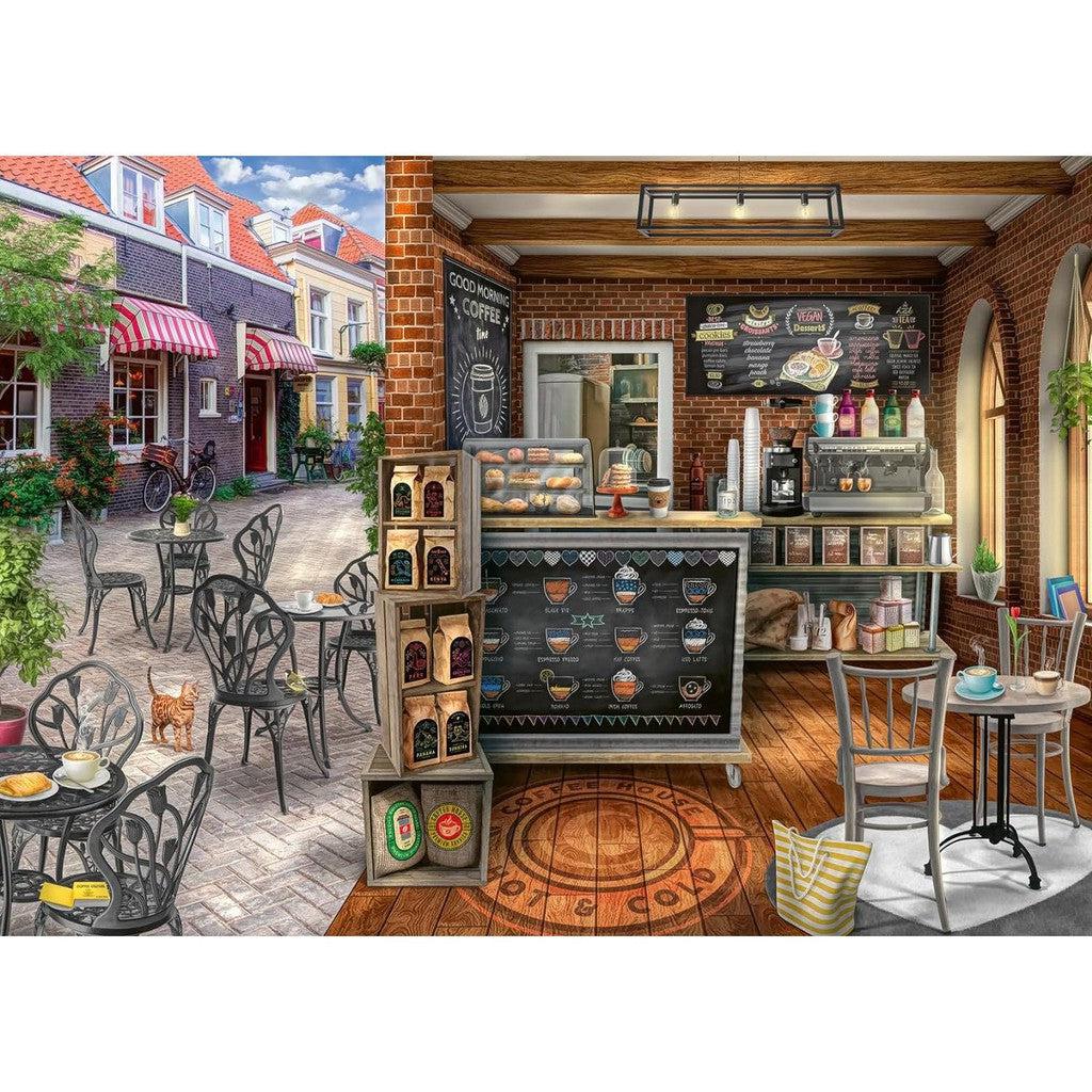 Cozy café with outdoor seating, featuring a menu on a chalkboard, pastries, and coffee supplies. A window shows a quaint street view reminiscent of the Ravensburger Quaint Cafe 1000 Piece jigsaw puzzle.