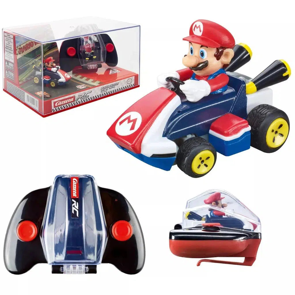 This Carrera RC Mini Mario Kart is a must-have for any Mario fan, featuring the iconic character in a go-kart. Displayed both in and out of the box, it's perfect for play or collection. 