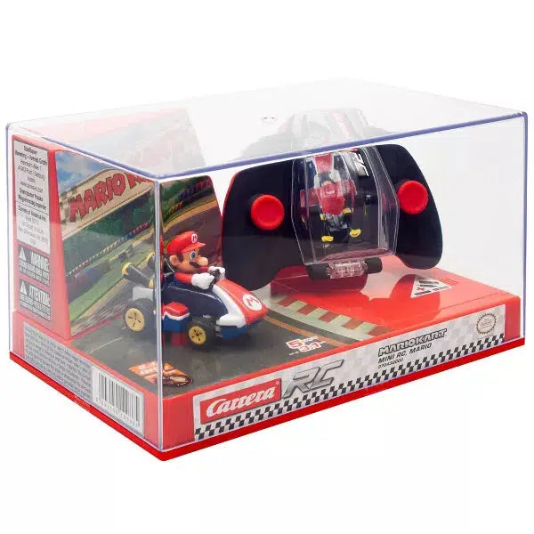 The Carrera RC Mini Mario Kart toy, featuring Mario and his race car, comes with a sleek black and red controller, all elegantly showcased in clear plastic packaging. 