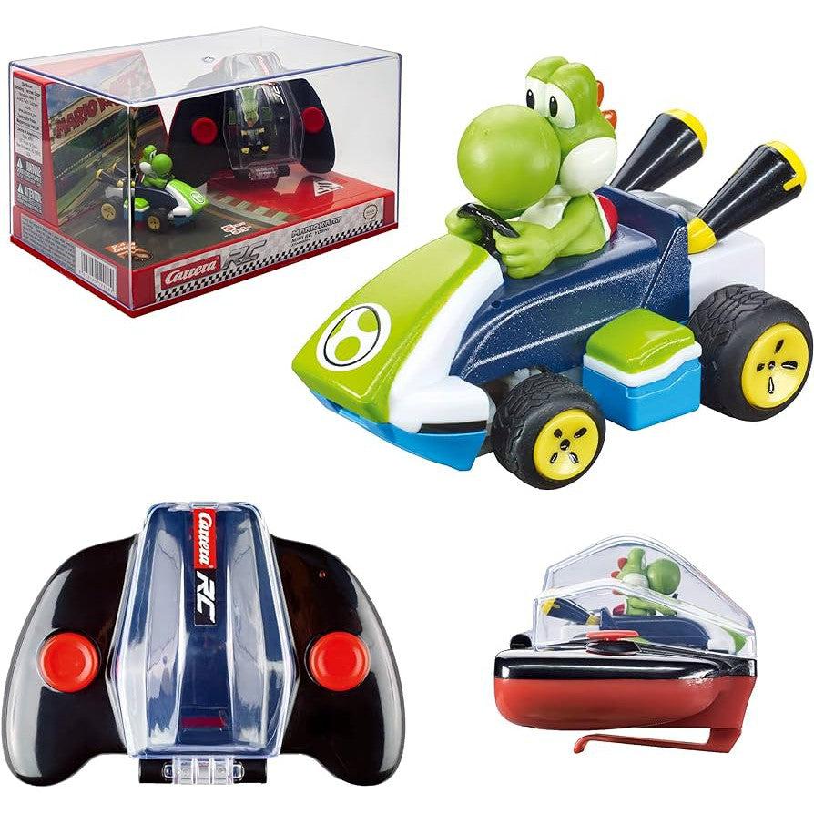 Mini Yoshi Mario Kart RC car and controller set in packaging.