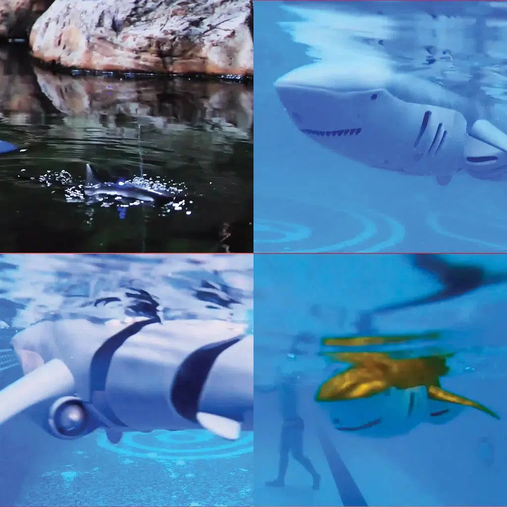 Different pictures of toy shark swimming in water