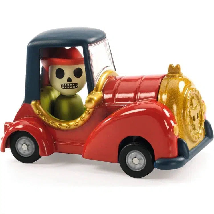 This metal car features a playful skeleton driver, known as the Red Skull, wearing a red hat. The car boasts vibrant red, gold, and black hues enhanced by an ultrasonic metallic paint finish.