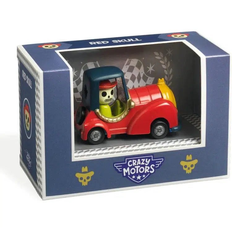 In a box labeled "Crazy Motors," the toy car boasts a unique look with its pirate theme. The metallic car features a skeleton driver and is aptly named "Red Skull.