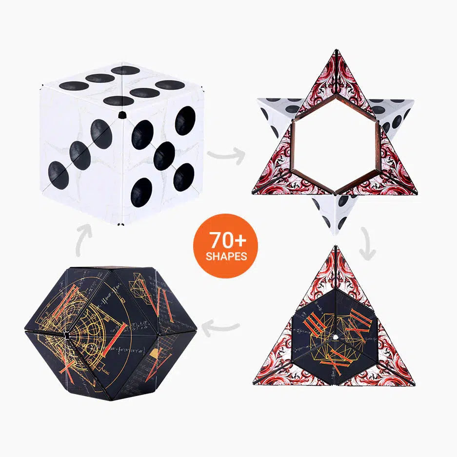 Four geometric shapes showcasing transformation steps feature a cube, triangular prism, and two polyhedral shapes. Crafted from recyclable ABS plastic, this collection includes a note indicating "70+ shapes" and embodies the essence of magnetic puzzle cubes like Shashibo.