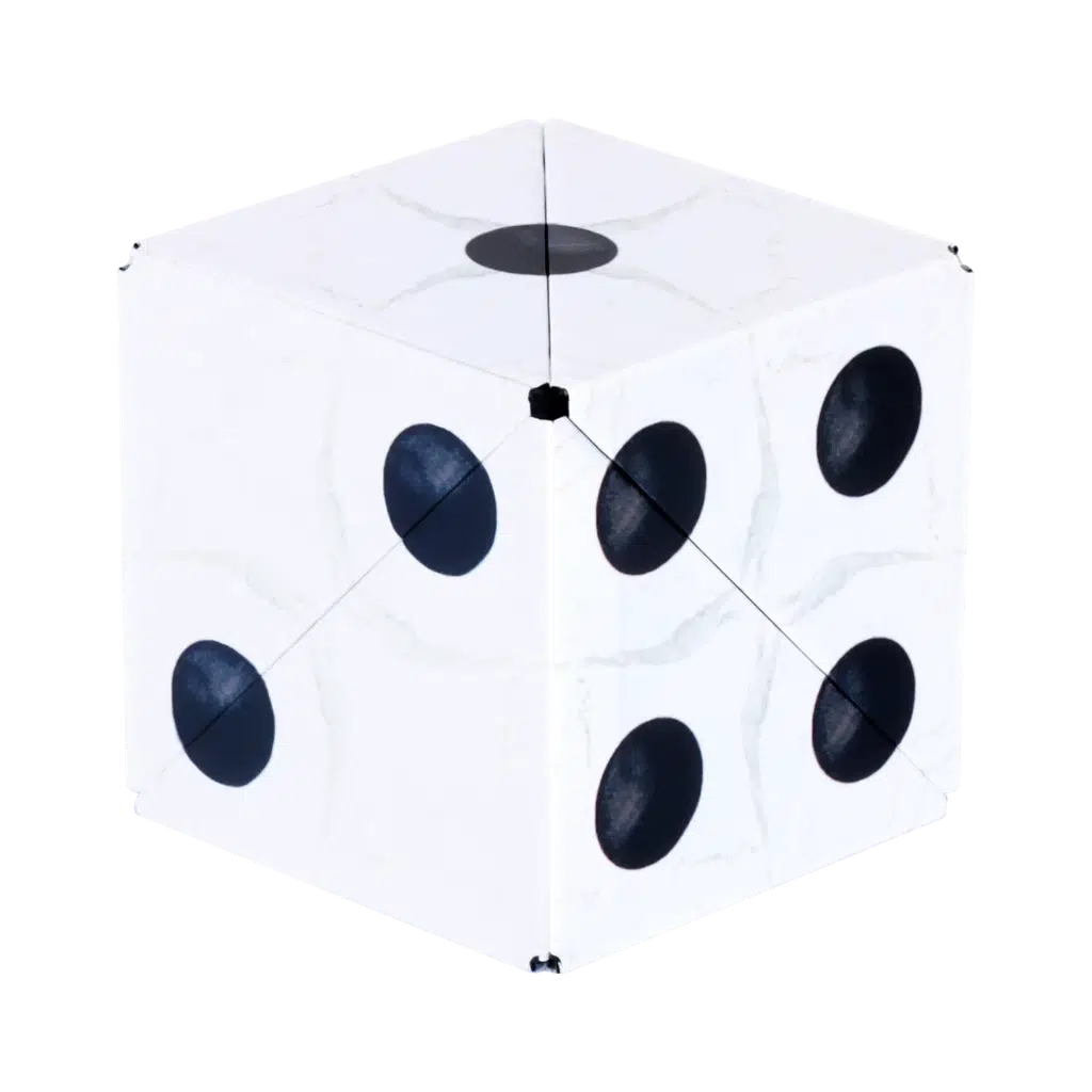 A white die, crafted from recyclable ABS plastic, displays five on its visible face.