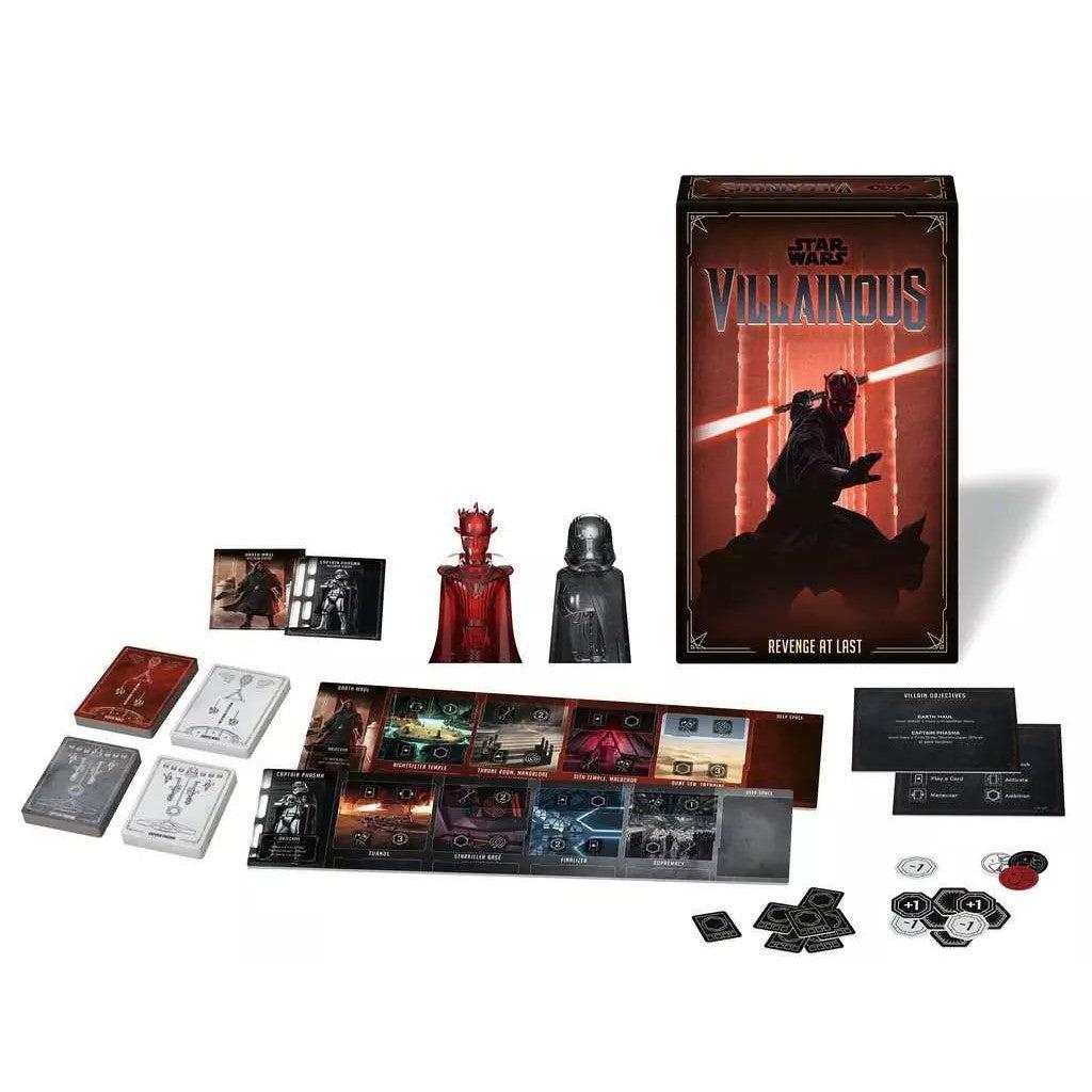 Star Wars Villainous board game components displayed, including cards, tokens, game boards, and figurines. Box with "Revenge at Last" subtitle shown.