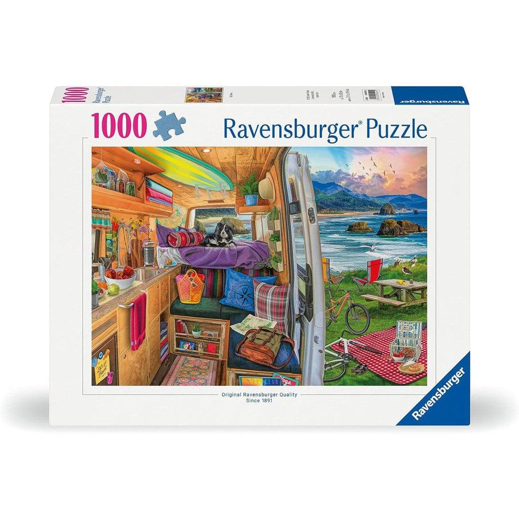 Discover the charm of this Ravensburger jigsaw puzzle, meticulously crafted in Germany. This 1000-piece puzzle features a vibrant illustration of a cozy camper van interior, set against a scenic beach backdrop. Perfect for capturing endless moments of serenity and fun!.