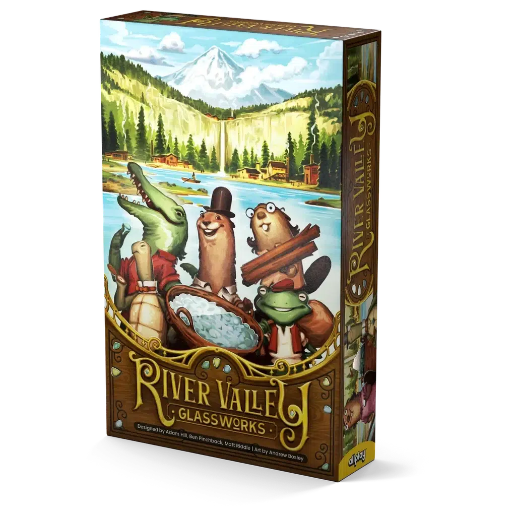 River Valley Glassworks a game published by Allplay. River critters in dapper clothing are fishing for stones with a beautiful forest and waterfall background