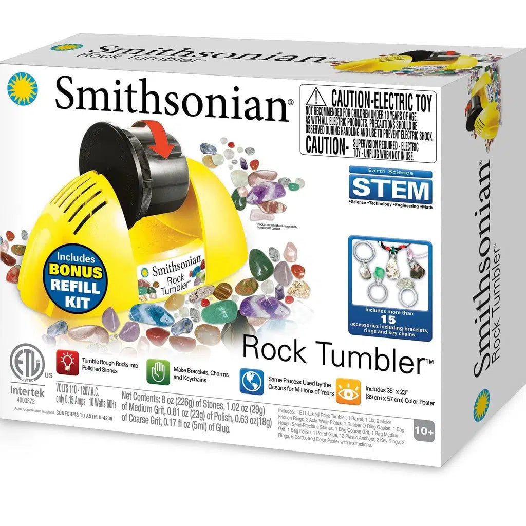 Box of a Smithsonian Rock Tumbler kit with images of polished stones and charms. STEM toy for ages 10 and up. Includes a bonus refill kit and safety warnings.