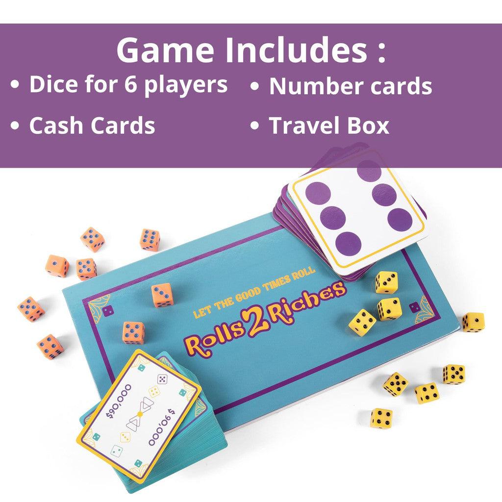 Box of the game "Rolls 2 Riches" shows game components including dice, cash cards, number cards, and a travel box on a white background.