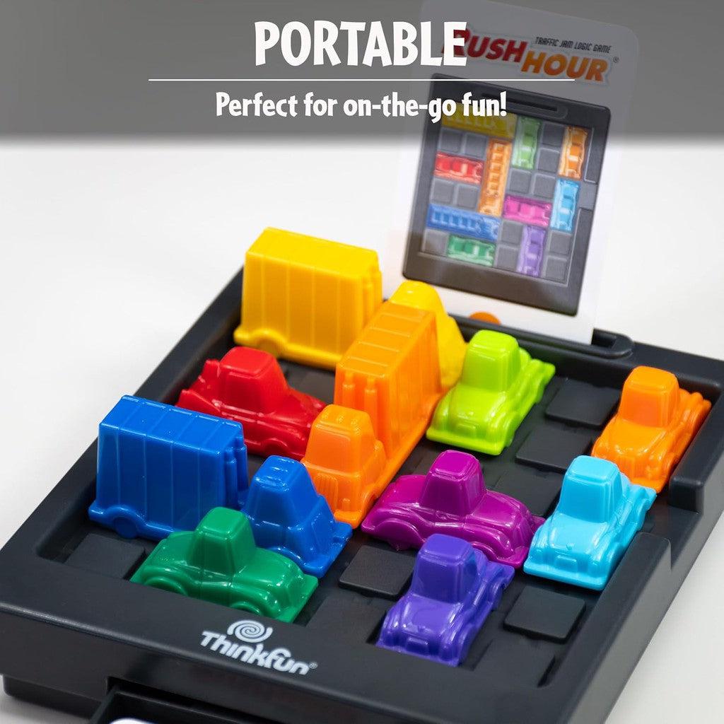 A tabletop game with colorful plastic vehicles on a grid, reminiscent of the ThinkFun Rush Hour logic game. Packaging highlights its portability for on-the-go entertainment and introduces young minds to STEM toy concepts through strategic play.