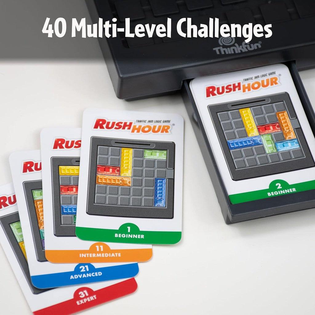 Rush Hour game cards, part of the Traffic Jam Logic Game, showcase multi-level challenges ranging from beginner to expert, all deftly housed in a ThinkFun box.