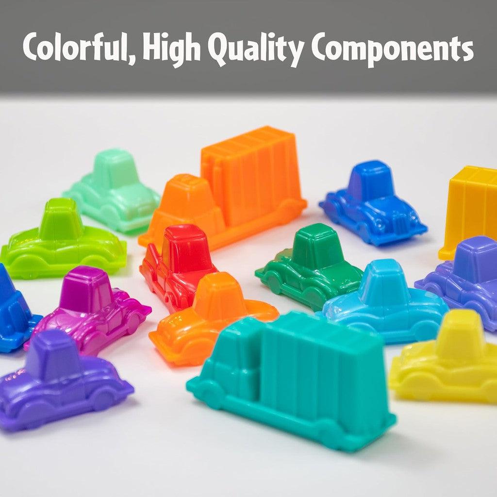 Colorful plastic toy cars and trucks scattered on a light surface, with the text "Colorful, High Quality Components" above, reminiscent of the engaging ThinkFun Rush Hour.