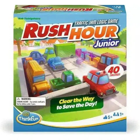 Box of "Rush Hour Junior" by ThinkFun, featuring colorful vehicles in a traffic jam puzzle game with 40 challenges. Suitable for ages 5+.