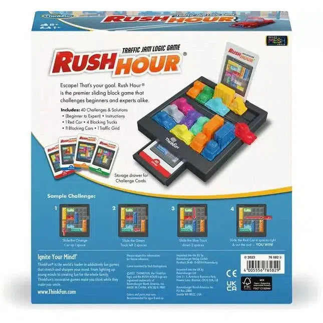 Box of the "Rush Hour" traffic jam logic game, available on ThinkFun Online Shop. This educational game features a sliding puzzle board with colorful vehicles and a challenge card sticking out. Instructions and sample challenges are displayed on the back.