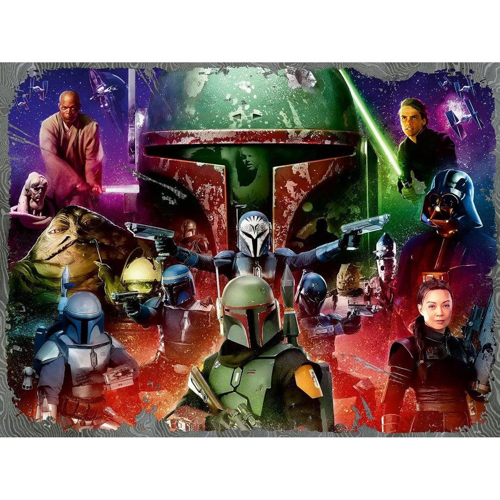 A Ravensburger Star Wars collage features characters like Boba Fett and Darth Vader set against a vibrant space-themed background, reminiscent of an intricate jigsaw puzzle.