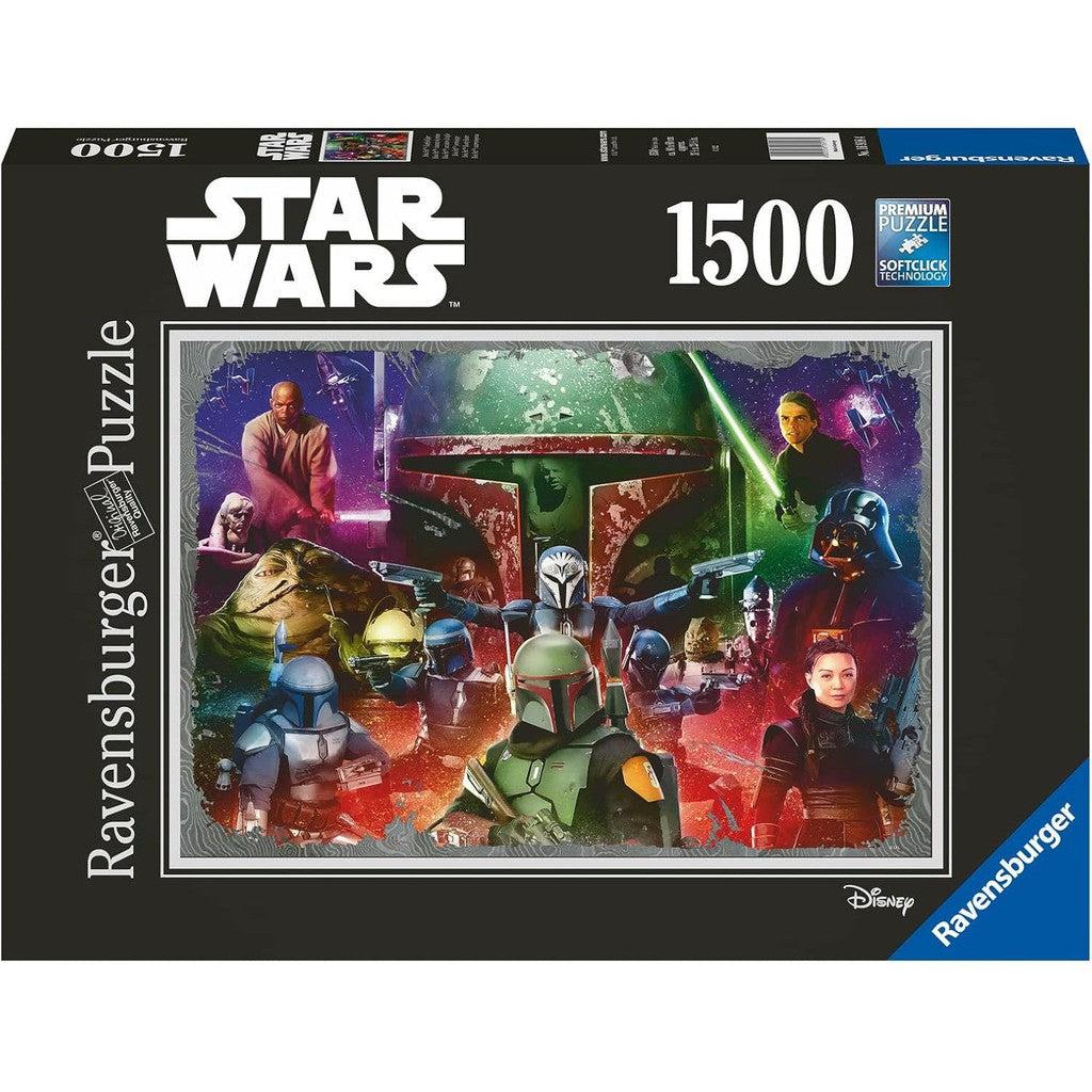 This mesmerizing Star Wars-themed Ravensburger jigsaw puzzle box features 1500 pieces and showcases iconic characters, including the legendary Boba Fett. Experience seamless assembly with our Softclick Technology.