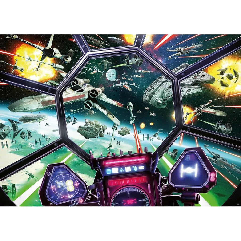 Experience the thrilling view from a TIE Fighter cockpit in space, showcasing a battle with various spacecraft, explosions, and laser fire in this Ravensburger Star Wars jigsaw puzzle.