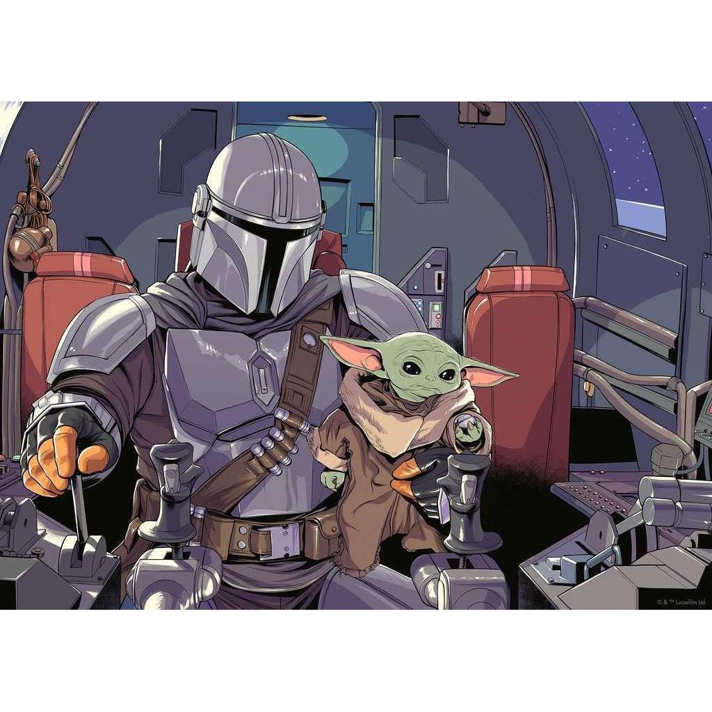 A helmeted figure pilots a spacecraft while holding a small, green, big-eared creature, reminiscent of an epic scene from the Mandalorian Jigsaw Puzzle. They are seated in a detailed cockpit, capturing the adventure of this 1000 Piece Puzzle.