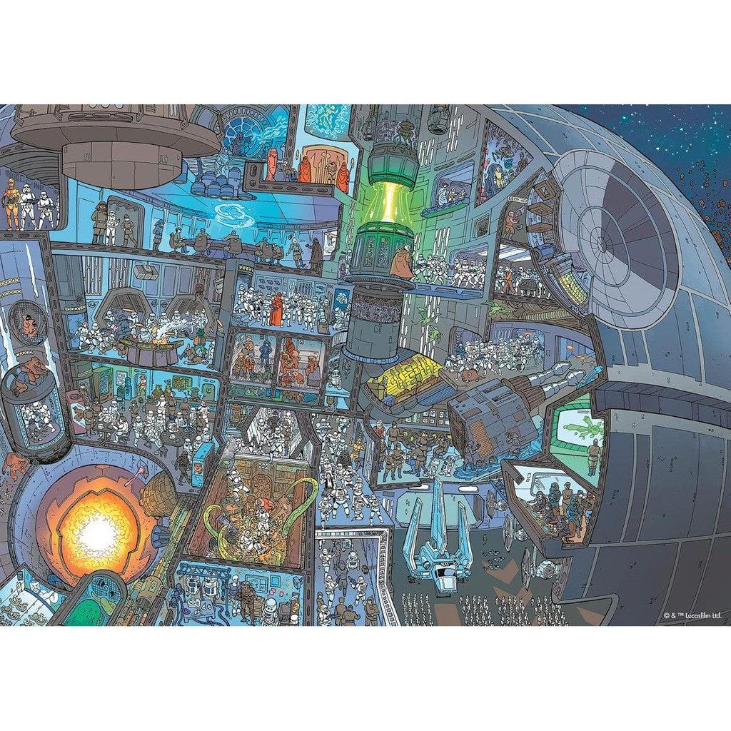 An intricate sci-fi illustration reminiscent of a Ravensburger Star Wars Puzzle, this piece presents a cutaway view of a massive space station. Among its various rooms and activities are many small white-armored figures, invoking the charm of a 1000 Piece Jigsaw or the thrill of "Where's Wookiee".