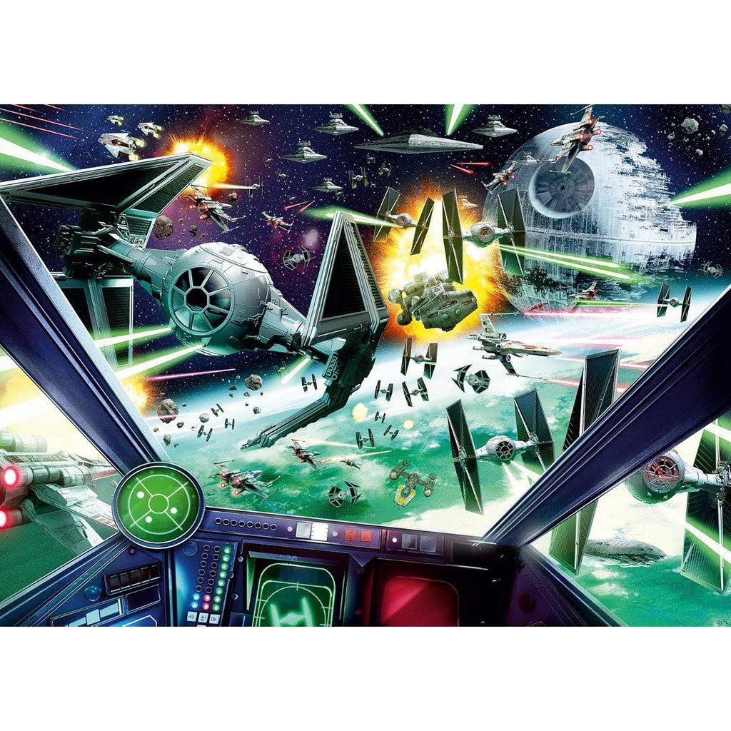 The Ravensburger Star Wars puzzle box presents a captivating 1000-piece scene of an epic space battle, complete with spaceships and the imposing Death Star. Perfect for jigsaw puzzle enthusiasts, this set promises an engaging experience as you piece together the intricate details.