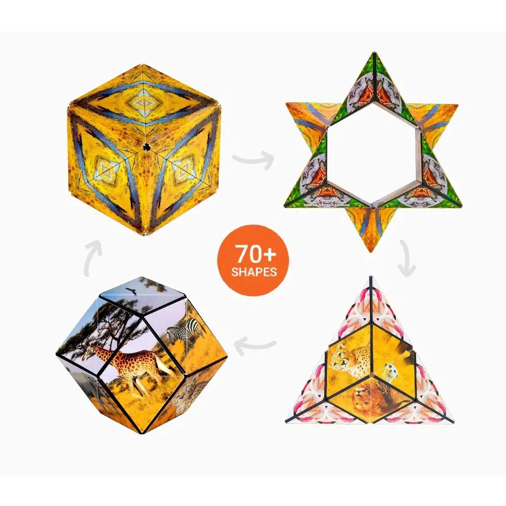 Four geometric, colorful puzzles with animal images interconnected by arrows, featuring over 70 shapes and the magic of Shashibo cube transforms.