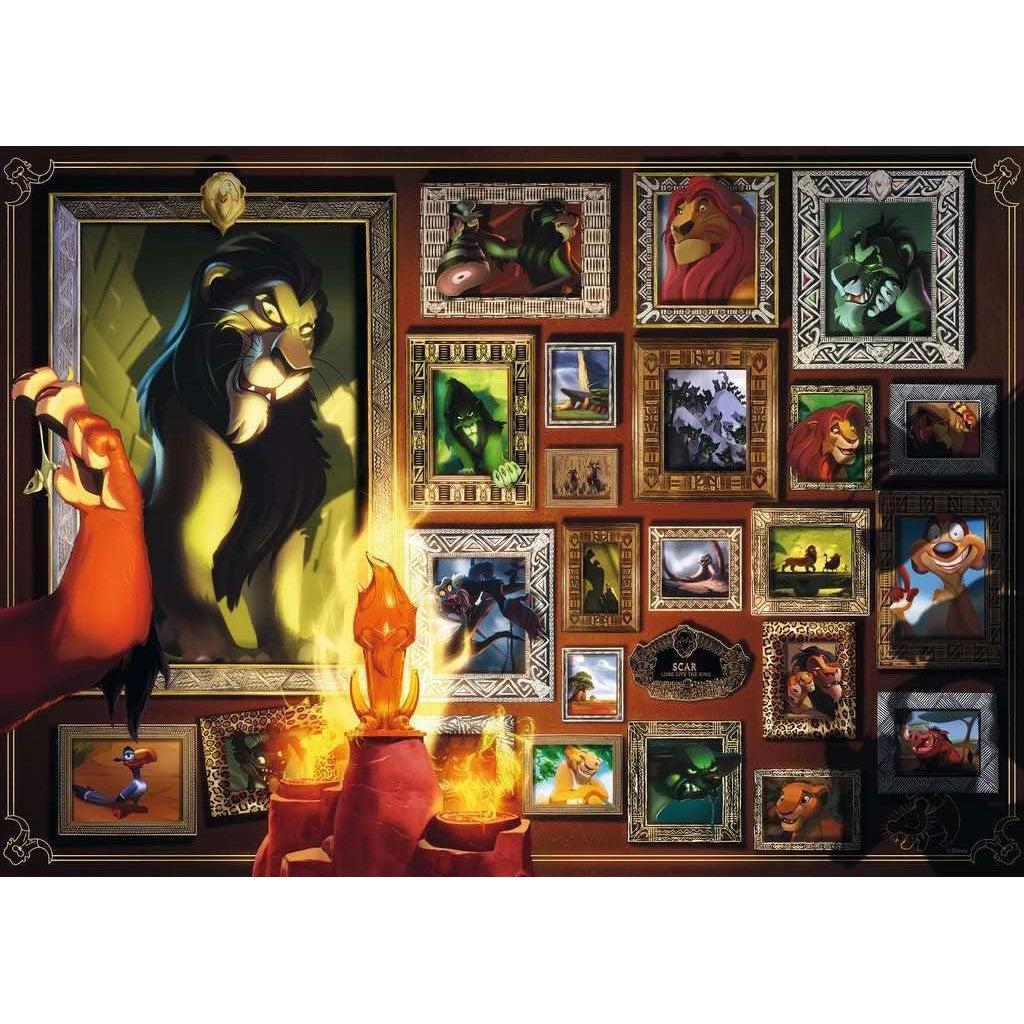 A gallery wall showcases framed images and memorabilia of a lion character, with a central portrait. A glowing emblem and flaming cauldron take center stage, evoking the dramatic flair of a Disney Villainous scene.