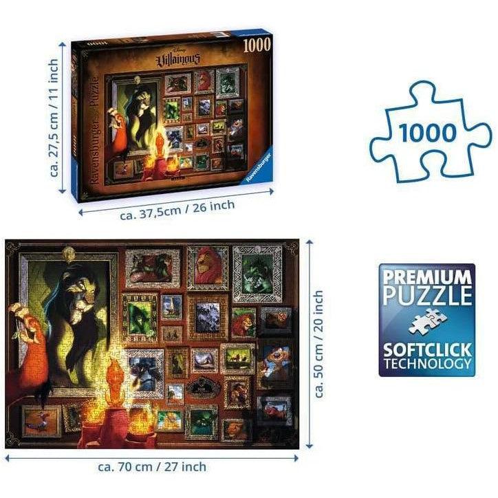 The Scar Jigsaw Puzzle box displays the finished dimensions. This 1000 Piece Puzzle by Ravensburger features fantasy-themed, framed images with "Softclick Technology." The box boldly declares its Disney Villainous inspiration for a uniquely villainous experience.