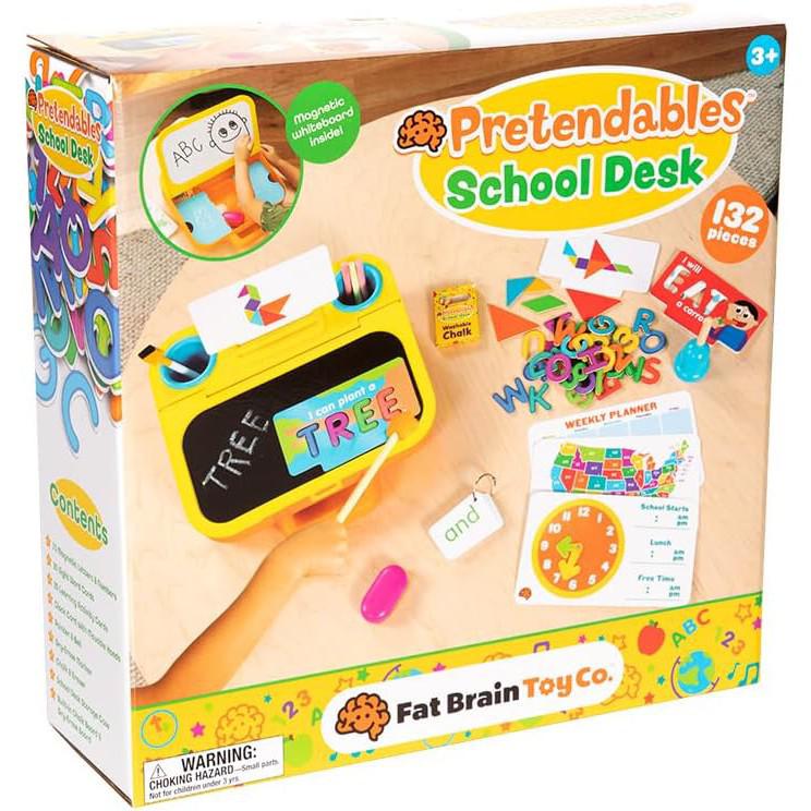 Box of "Pretendables School Desk" by Fat Brain Toy Co., featuring magnetic alphabet letters, a chalkboard, and weekly planner for educational play. Perfect for pretend play toys enthusiasts and fosters a love for learning through engaging activities.