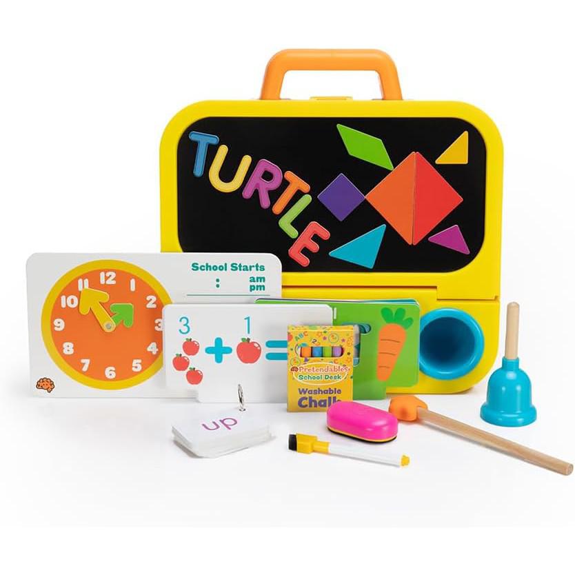 Children's educational board featuring magnetic alphabet letters, a clock, math flashcards, a carrot cutout, small toys for pretend play fun, and a washable cloth.