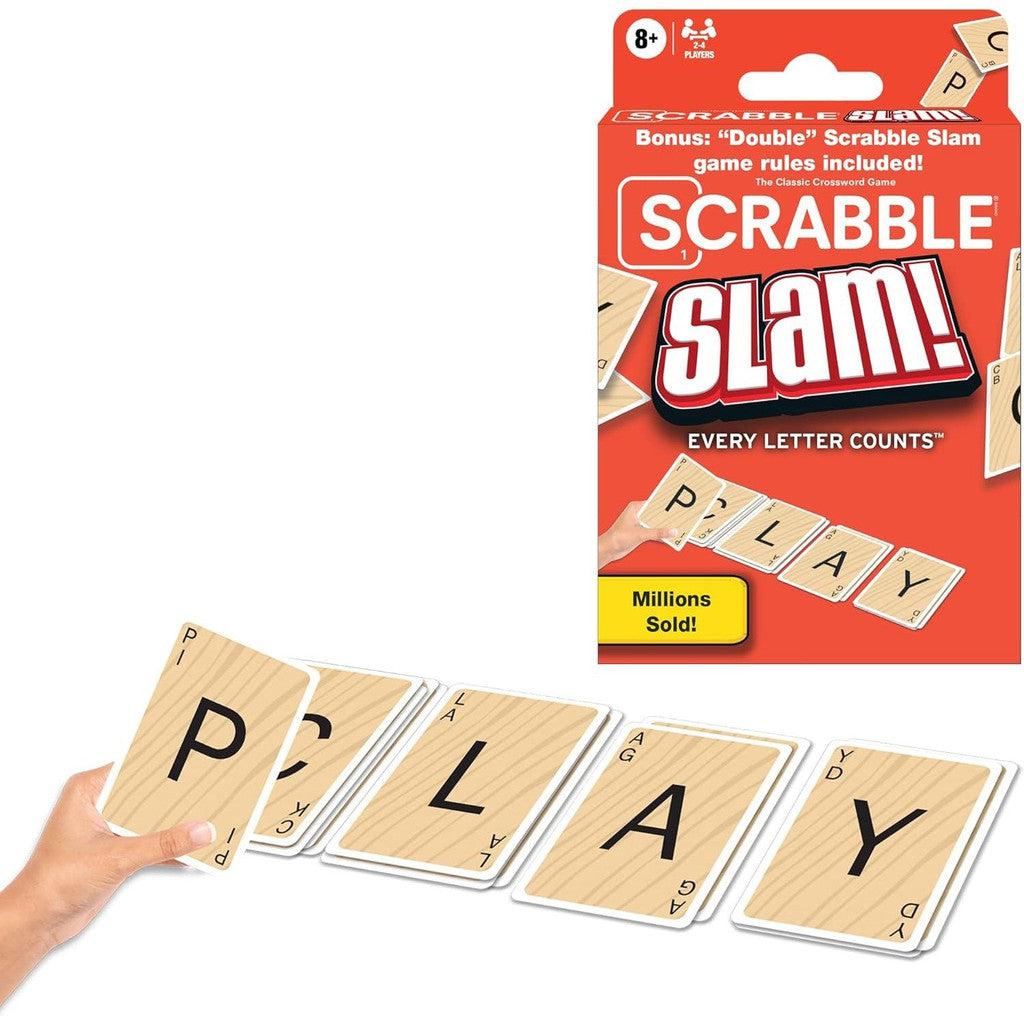 A hand swiftly places a card with the letter "P" beside others that spell "PLAY" above the Scrabble Slam! box, capturing the fast-paced excitement of this thrilling Scrabble card game by Winning Moves Games.