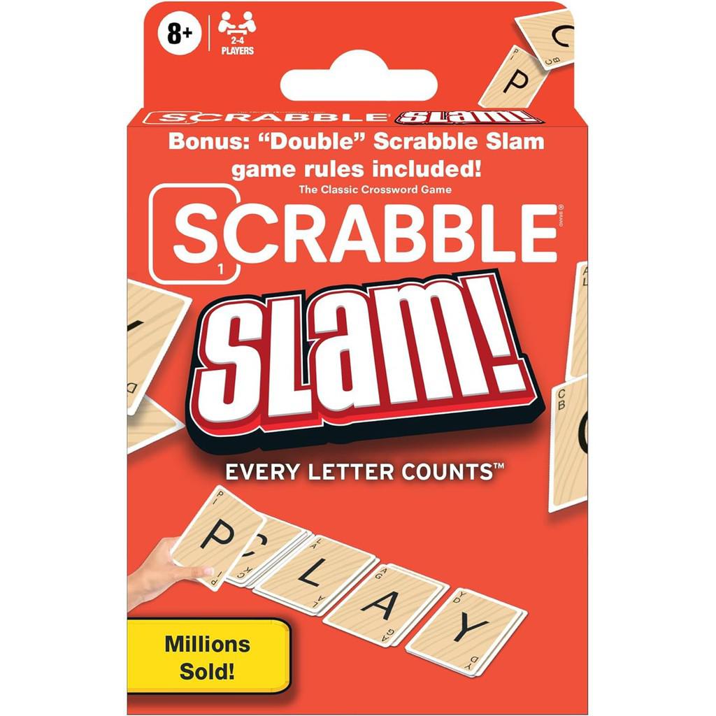 The vibrant red Scrabble Slam packaging features tiles spelling "PLAY," showcasing this fast-paced card game. Designed for 2-4 players aged 8+, it proudly boasts "Millions Sold!" in the corner. Enjoy endless fun brought to you by Winning Moves Games!