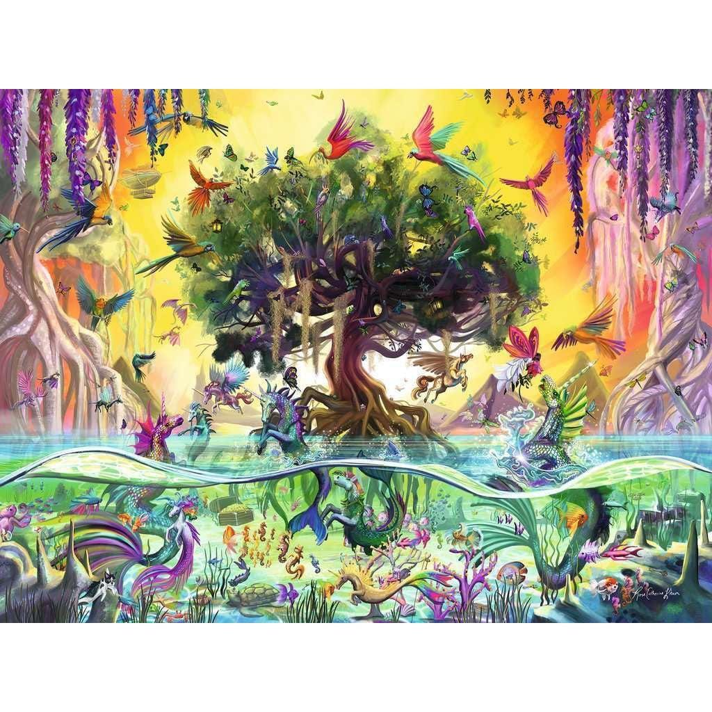 In a vibrant fantasy scene reminiscent of a Ravensburger jigsaw puzzle, diverse creatures surround a large tree at the center. Amidst vibrant birds and mermaids, a majestic sea unicorn gracefully weaves through enchanting aquatic life against the bright, fantastical landscape.