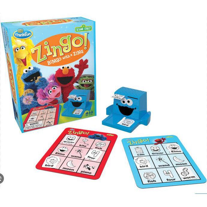 Sesame Street Zingo is perfect for ages 4+, featuring beloved characters like Big Bird, Elmo, and Cookie Monster. This educational game enhances language skills with a fun card dispenser and two bingo cards displaying engaging images and words.