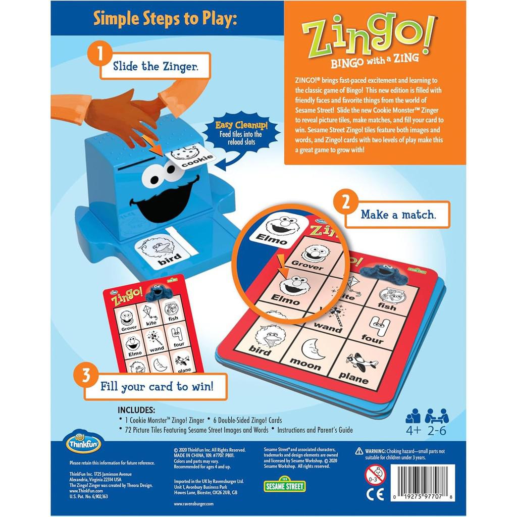 The back of the ThinkFun Sesame Street Zingo! game box showcases instructions with vibrant illustrations of game pieces and a card. Featuring Cookie Monster Zinger and Sesame Street-themed tiles, this fun activity is perfect for enhancing language skills while playing with beloved characters.