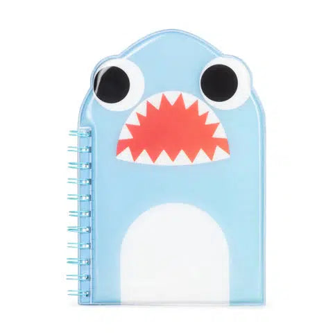 Blue notebook shaped like a cartoon shark with its mouth open showing sharp teeth