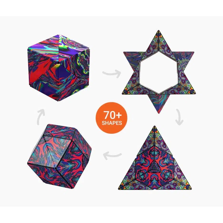 Four colorful geometric shapes with swirling patterns are arranged around a central "70+ Shapes" label, connected by arrows. Thanks to rare earth magnets, each piece effortlessly transforms into shapes akin to a captivating Shashibo puzzle.