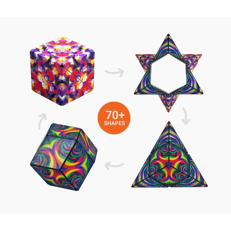 A colorful geometric puzzle, known as Shashibo, features four shapes: cube, star, pyramid, and tetrahedron. An arrow shows how it transforms into over 70 shapes using rare earth magnets. Text reads "70+ shapes.