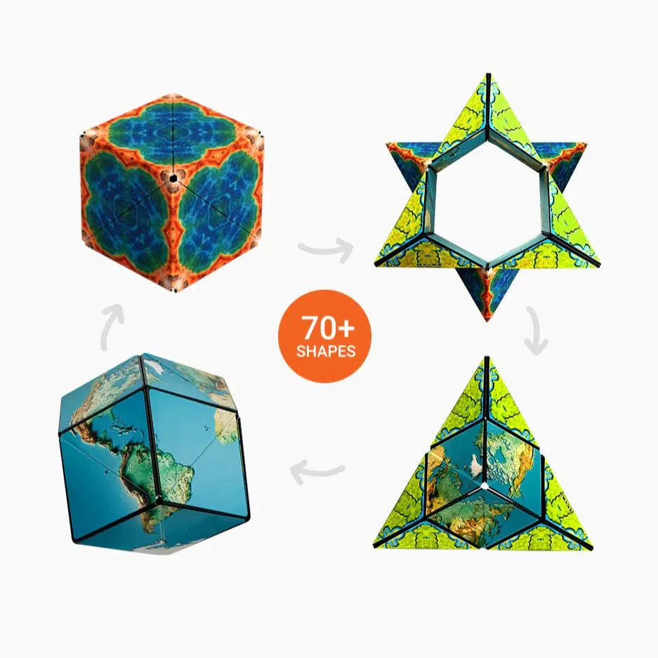 Four geometric shapes with colorful patterns are depicted, showcasing their ability to transform into over 70 different shapes through geometric transformations, illustrated by arrows and a central "70+ shapes" text. These vibrant designs resemble the intriguing complexity of Shashibo cubes.