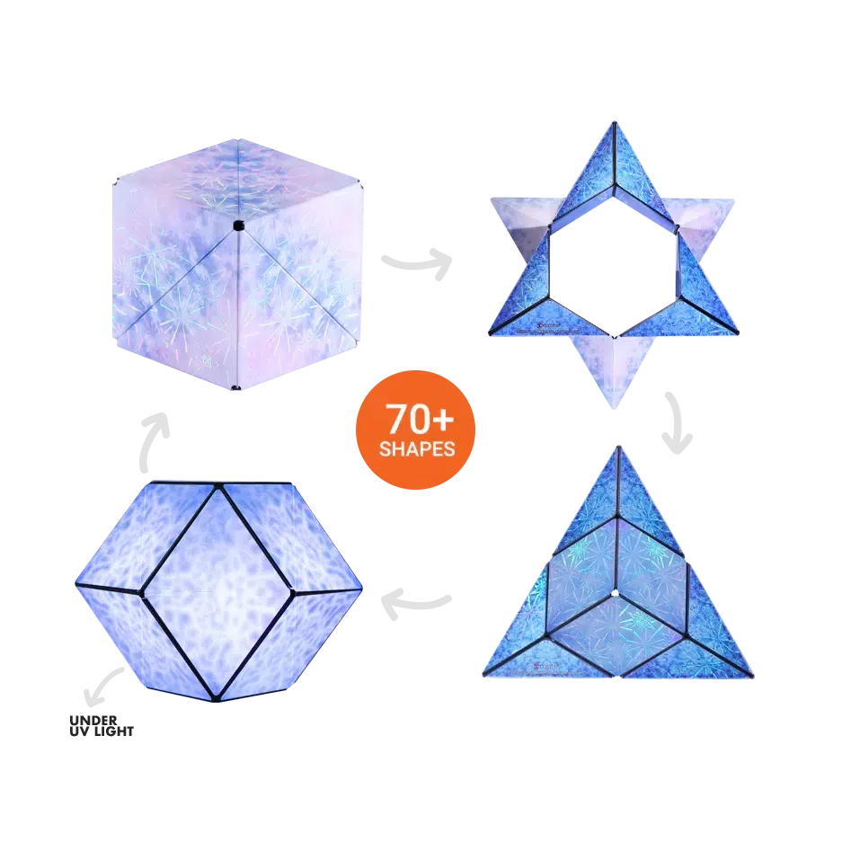 Four geometric 3D shapes with a translucent, icy texture are shown. An orange circle indicates "70+ shapes." Arrows suggest transformations between the shapes.