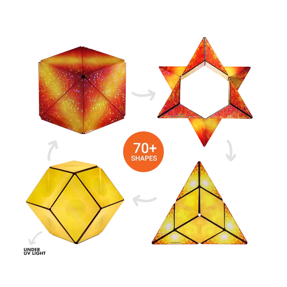 Geometric shapes with colorful designs are shown, including a cube, star, dodecahedron, and triangle, suggesting the creation of over 70 shapes.