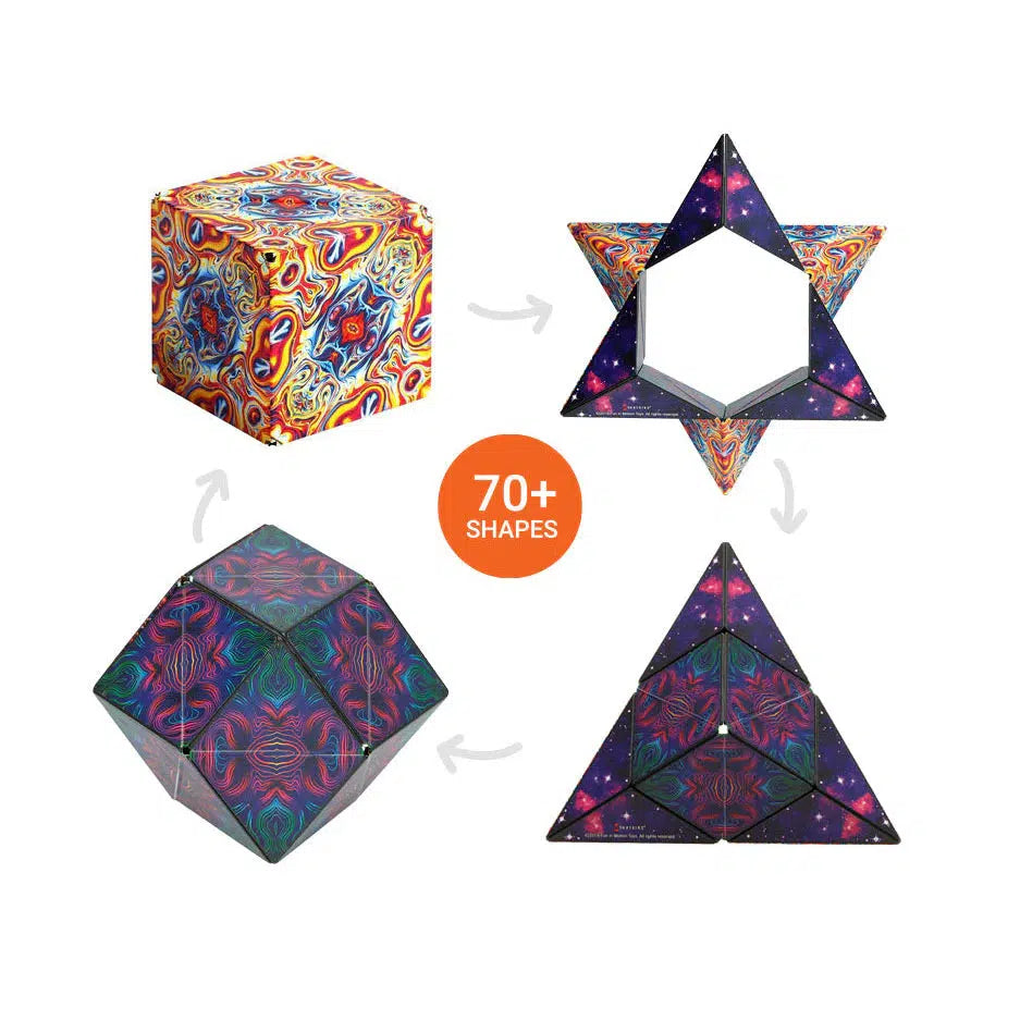 Four geometric shapes with colorful patterns are shown, including a cube, star, icosahedron, and tetrahedron, with arrows indicating transformation. At the center circle reading "70+ SHAPES," witness the magic of Shashibo as it transforms using rare earth magnets.