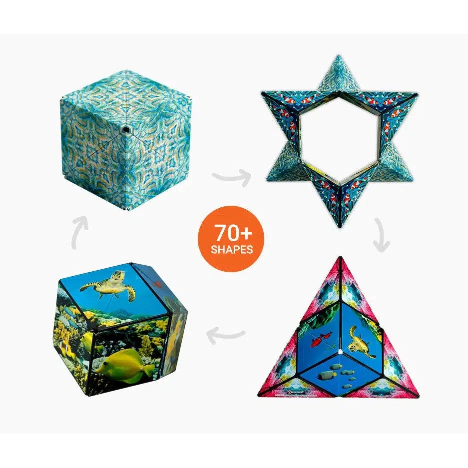 Discover the captivating Shashibo: four geometric puzzle shapes with colorful patterns, including a cube, star, hexagon, and pyramid. An arrow indicates their transformation into over "70+ shapes," thanks to the magic of rare earth magnets.