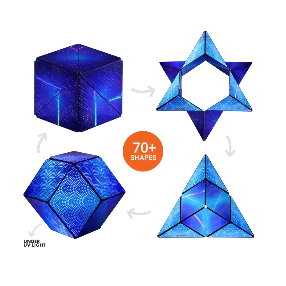 A set of geometric shapes including cubes and pyramids, each glowing blue, with an orange label indicating 70+ shapes.