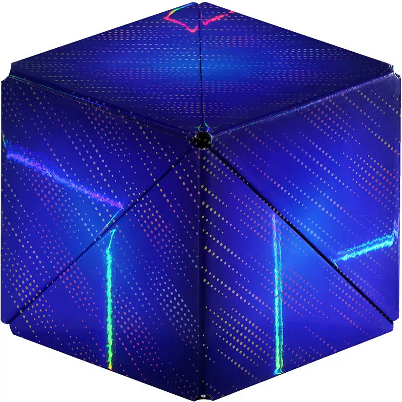 Hexagonal holographic box with a blue and purple design featuring diagonal dotted lines and shiny, iridescent accents.