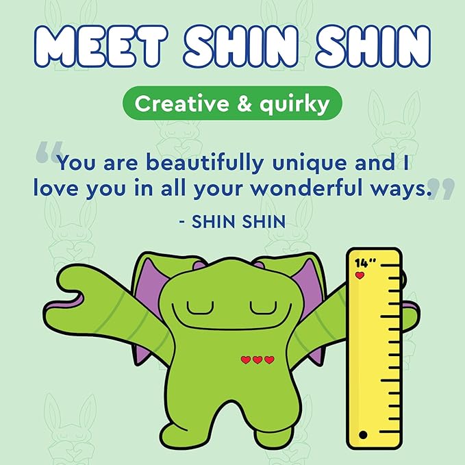 Cartoon green creature with wings, like a Cuddle Pal from the Toys &amp; Games aisle, stands next to a ruler. Text above reads "Meet Shin Shin," and below is a quote about being unique.